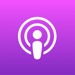 White podcast icon with a person-like figure and concentric circles on a purple gradient background.